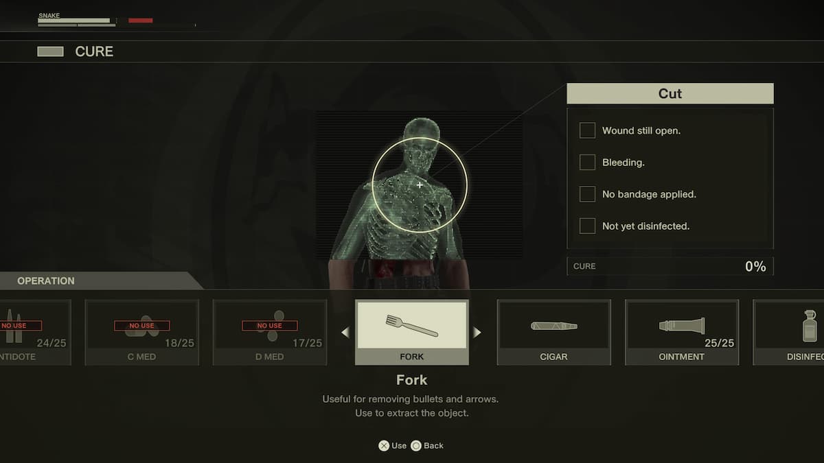 A skeleton with a menu on the right showing the requirements to tend to a wound.