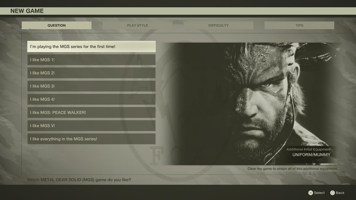 A greyscale menu with a man's face on the right side. The menu for the new game question and answers in Metal Gear Solid Delta: Snake Eater.
