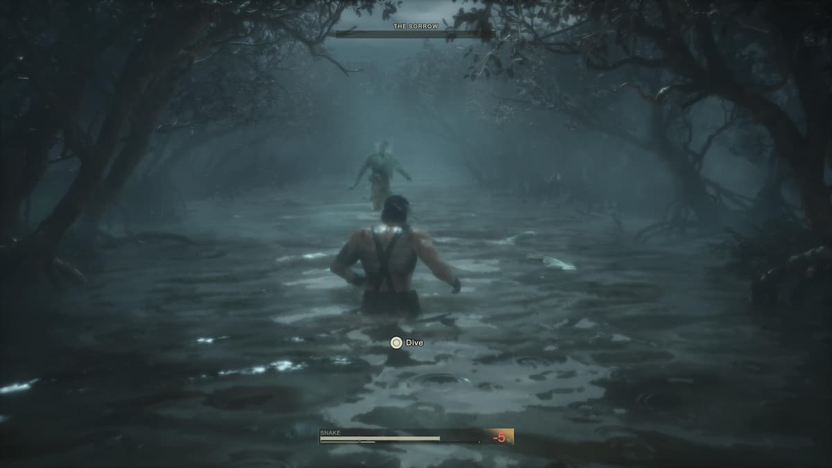 A man walking in the river during The Sorrow boss fight in Metal Gear Solid Delta: Snake Eater.