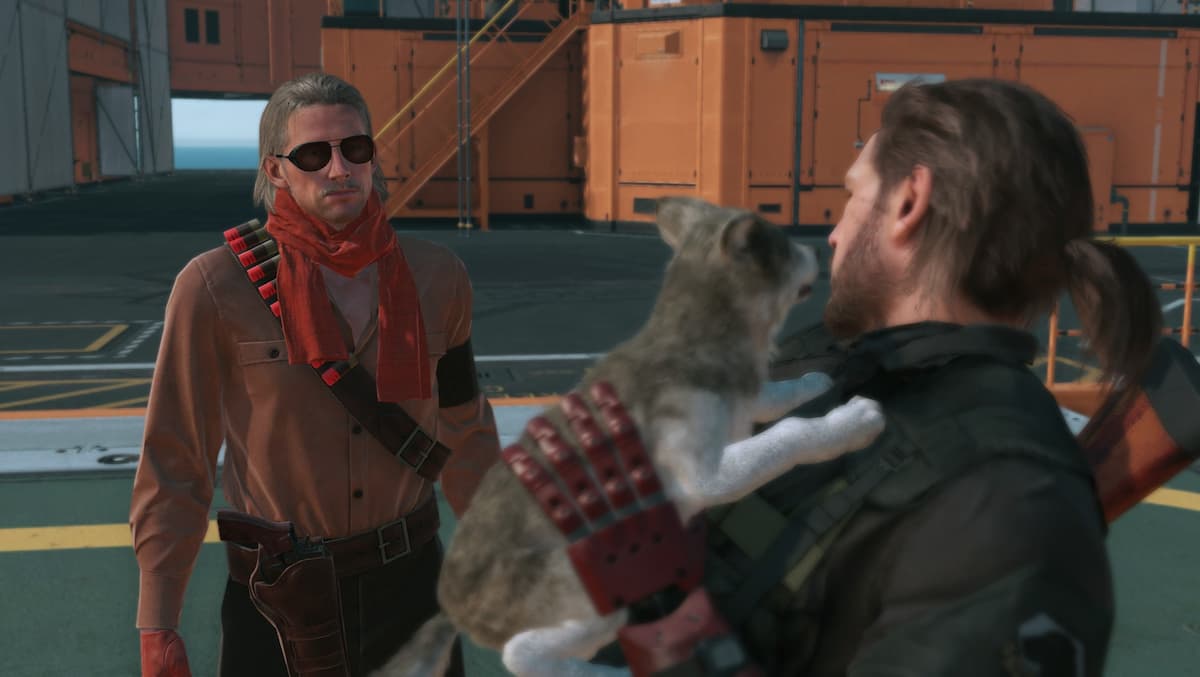 A small dog licking a man's face in MGS V.