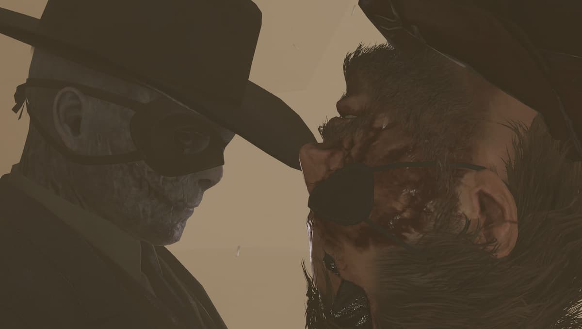 A man with a skull face facing an upside-down man.