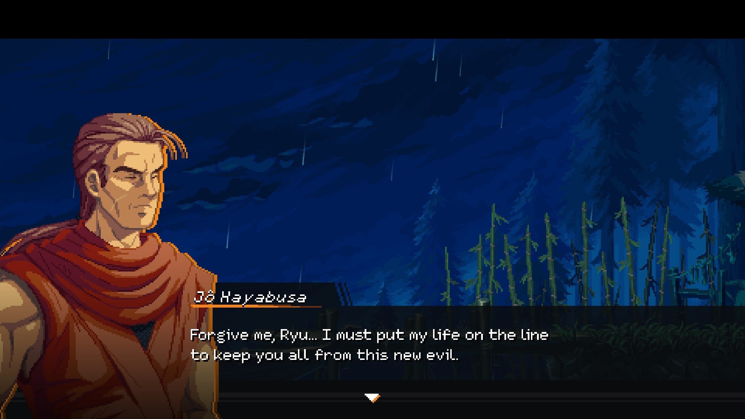 A man in brown ninja garb with a text box.