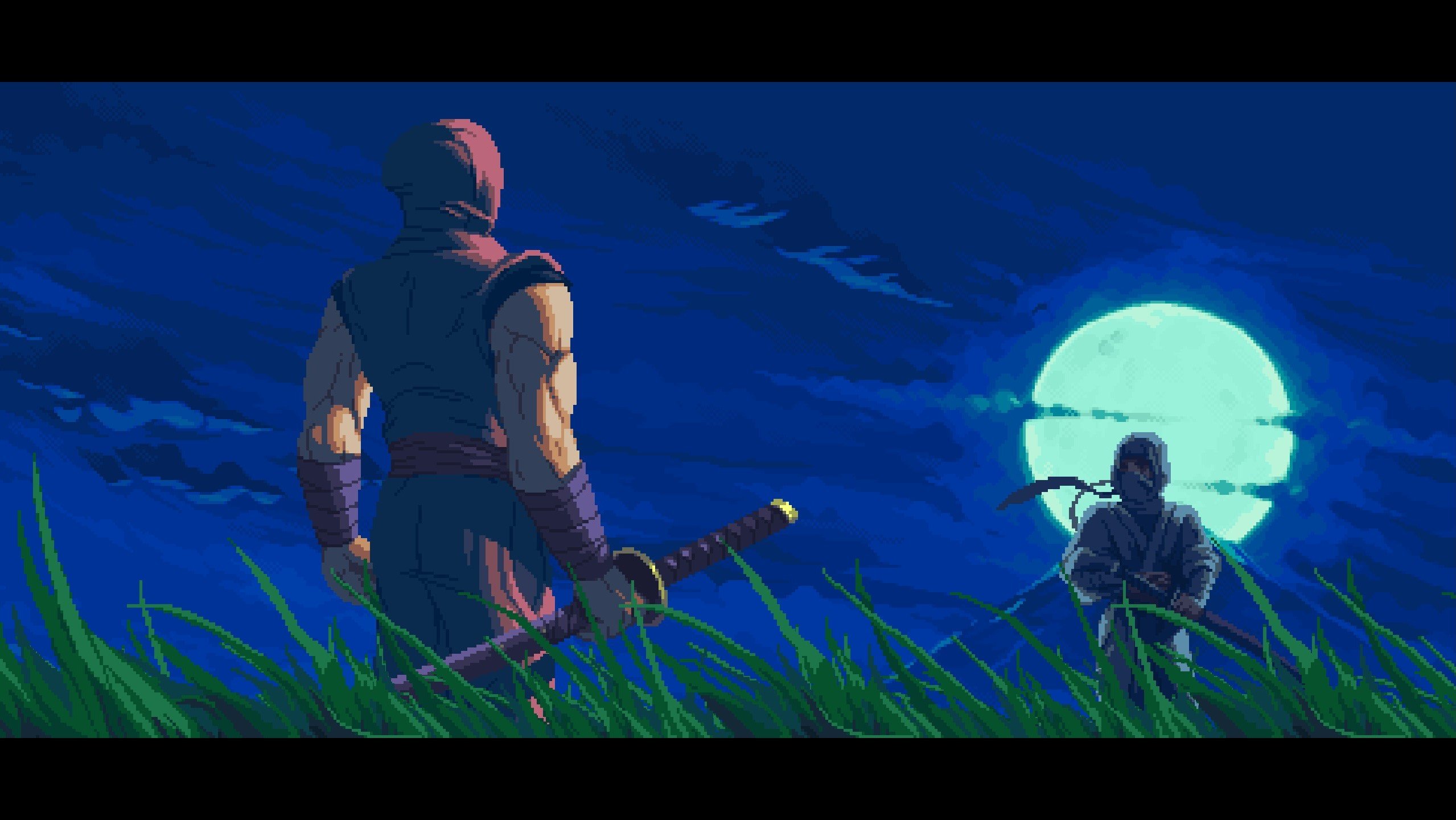 Two ninjas facing each other in a grass field.