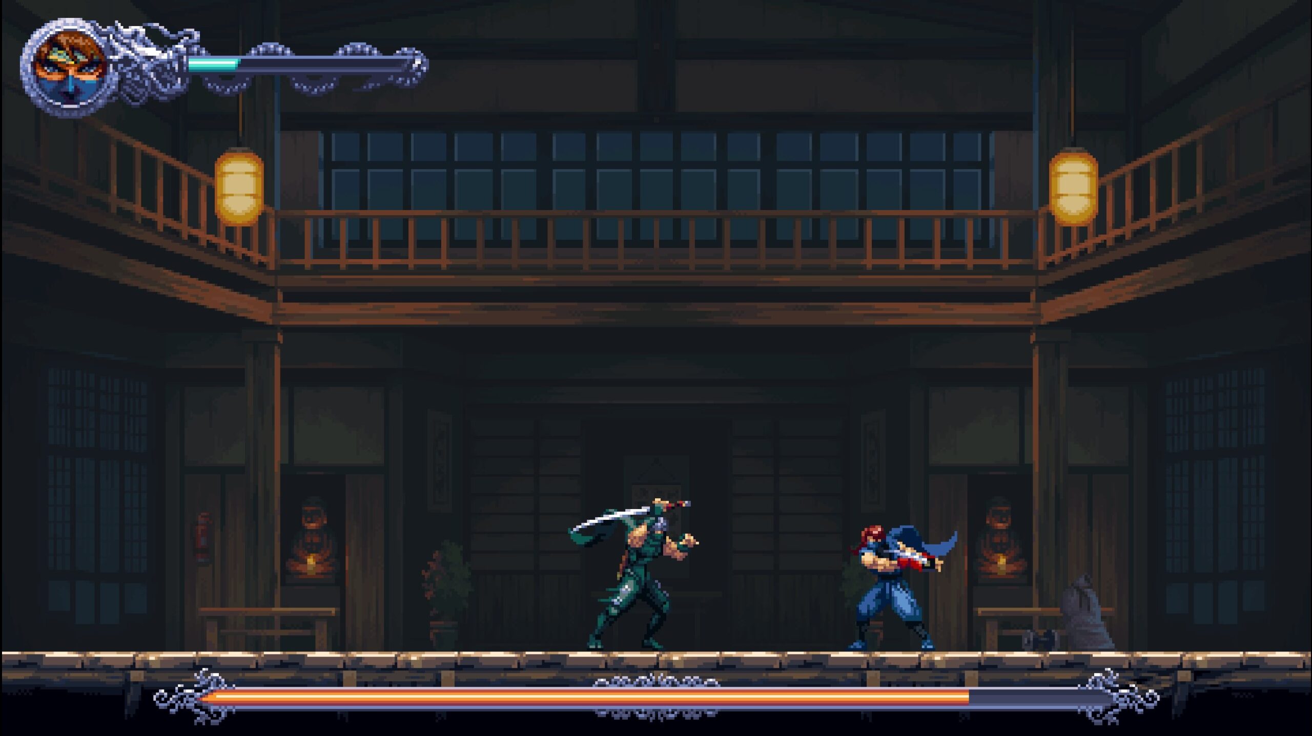Two ninjas fighting in a dojo.