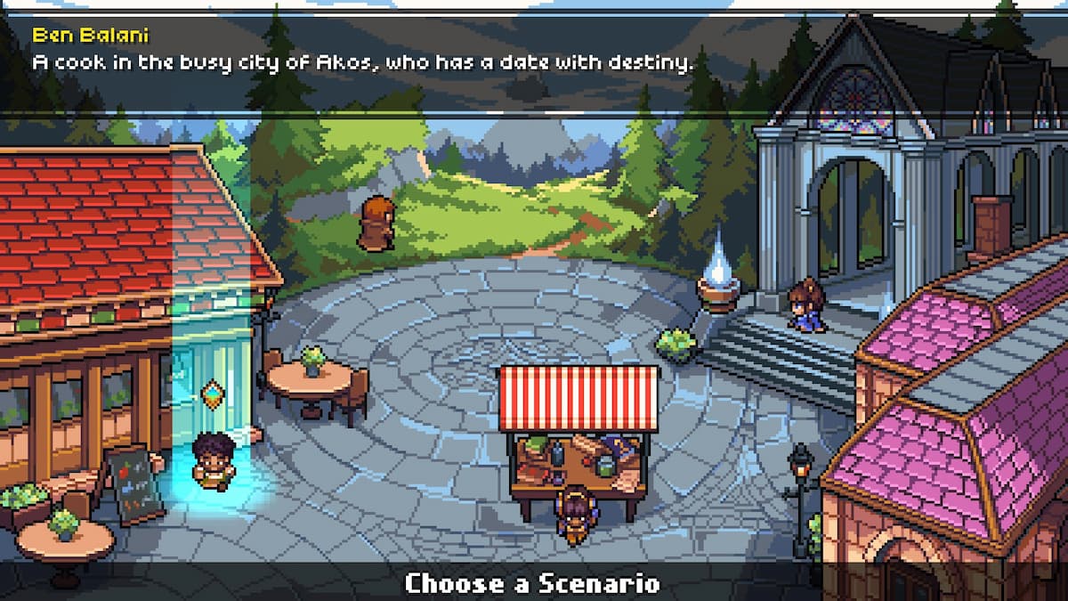 A pixel art town square in Quartet.