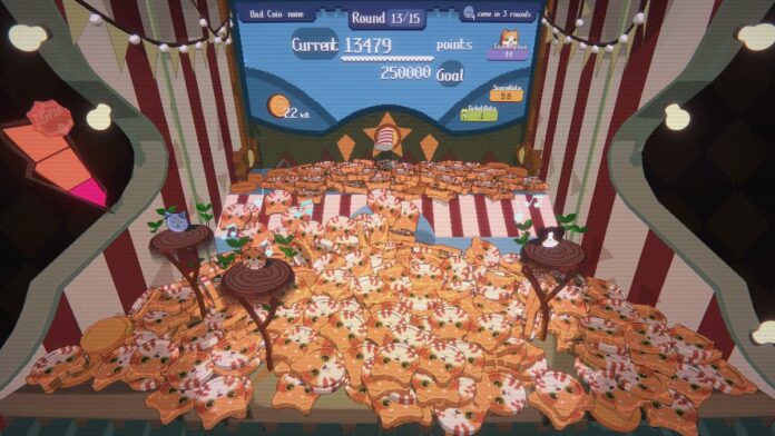 raccoin cats A screenshot from RACCOIN: Coin Pusher Roguelike. A bunch of cat coins on a coin pushing machine.