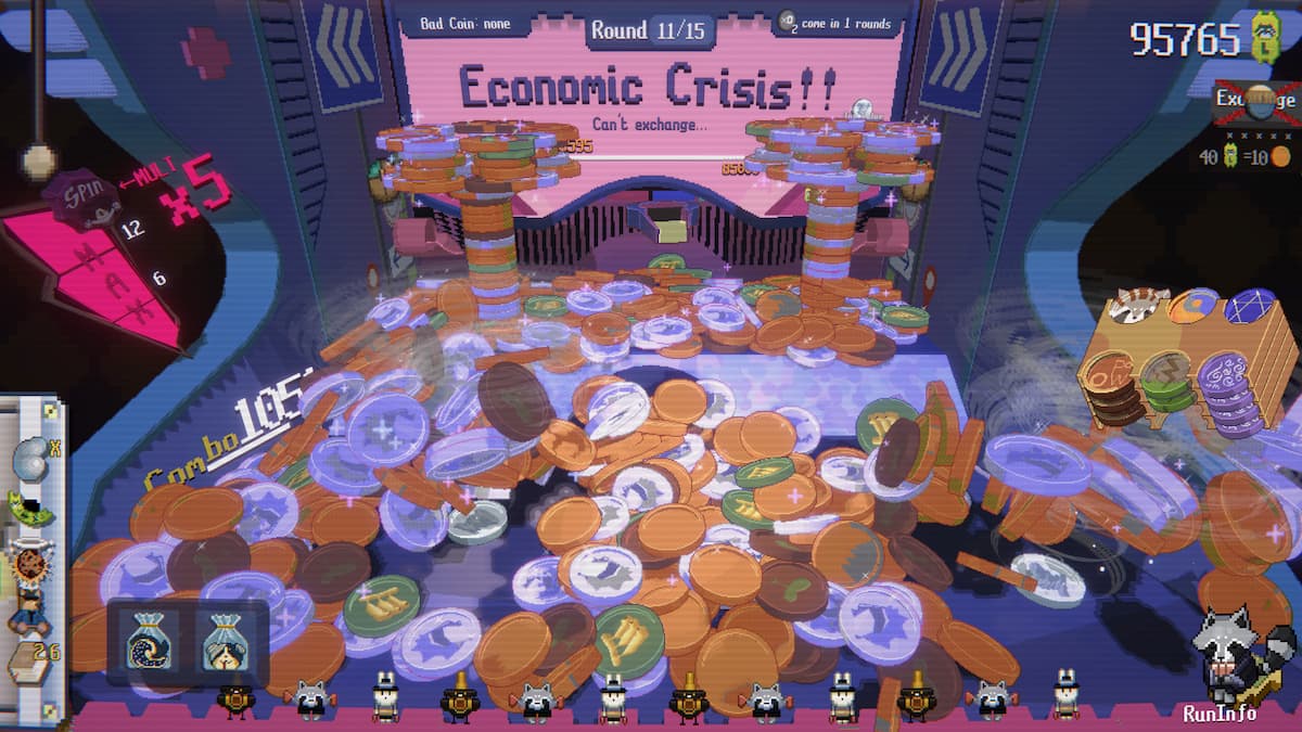 A screen that says "Economic Crisis" and a bunch of coins in front of it in RACCOIN: Coin Pusher Roguelike.
