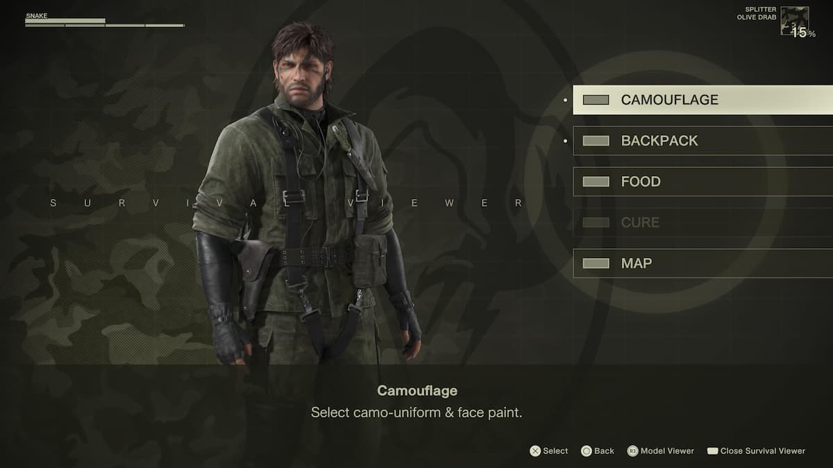 A menu showing weapons and camo in Snake Eater.