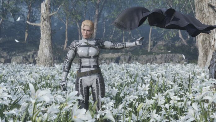 the boss A woman dressed in a white battle suit in a field of white flowers. The Boss in Metal Gear Solid Delta: Snake Eater.