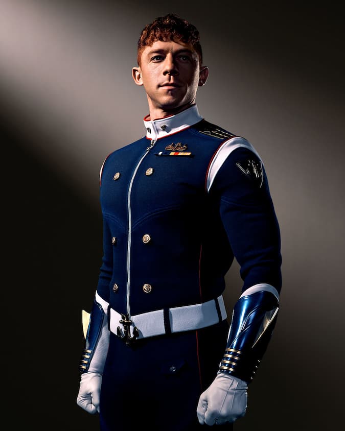 A man in a blue military suit.