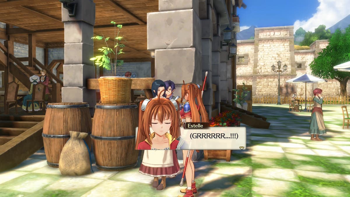 A girl with a text box that says "GRRRR" for our Trails in the Sky 1st Chapter review.