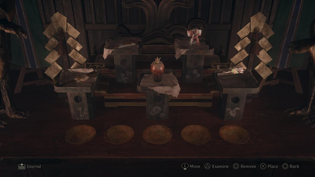 Five objects on pedestals in Silent Hill f.