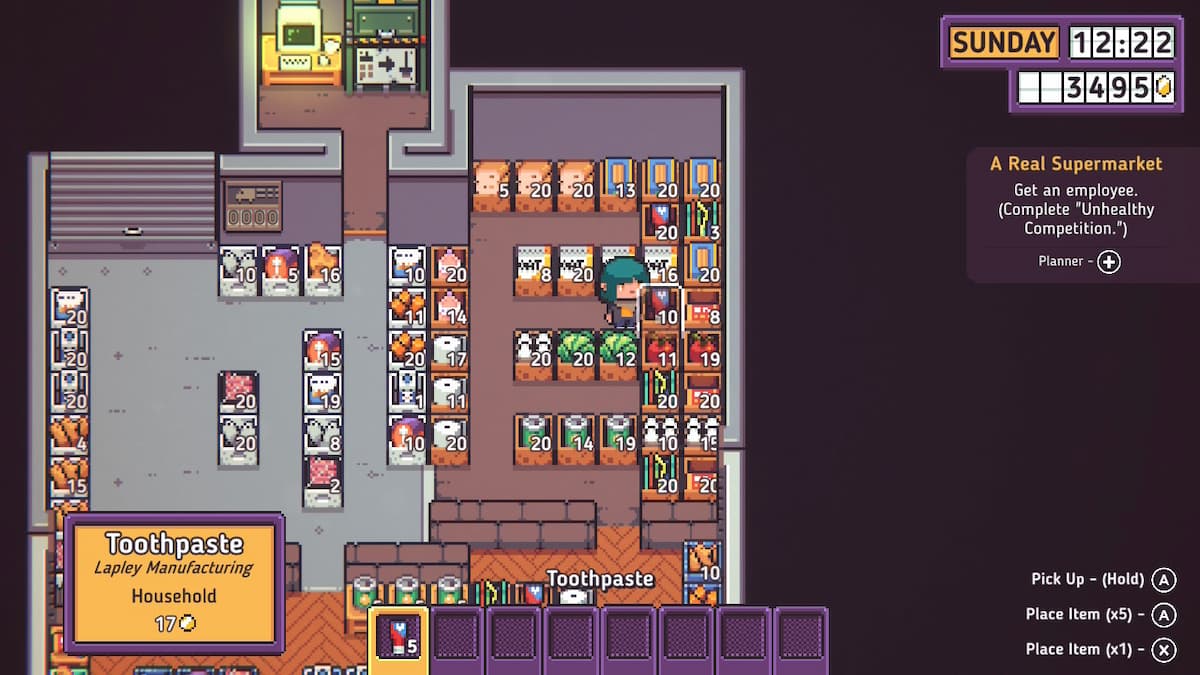 A pixel character in a storage room with cardboard boxes.