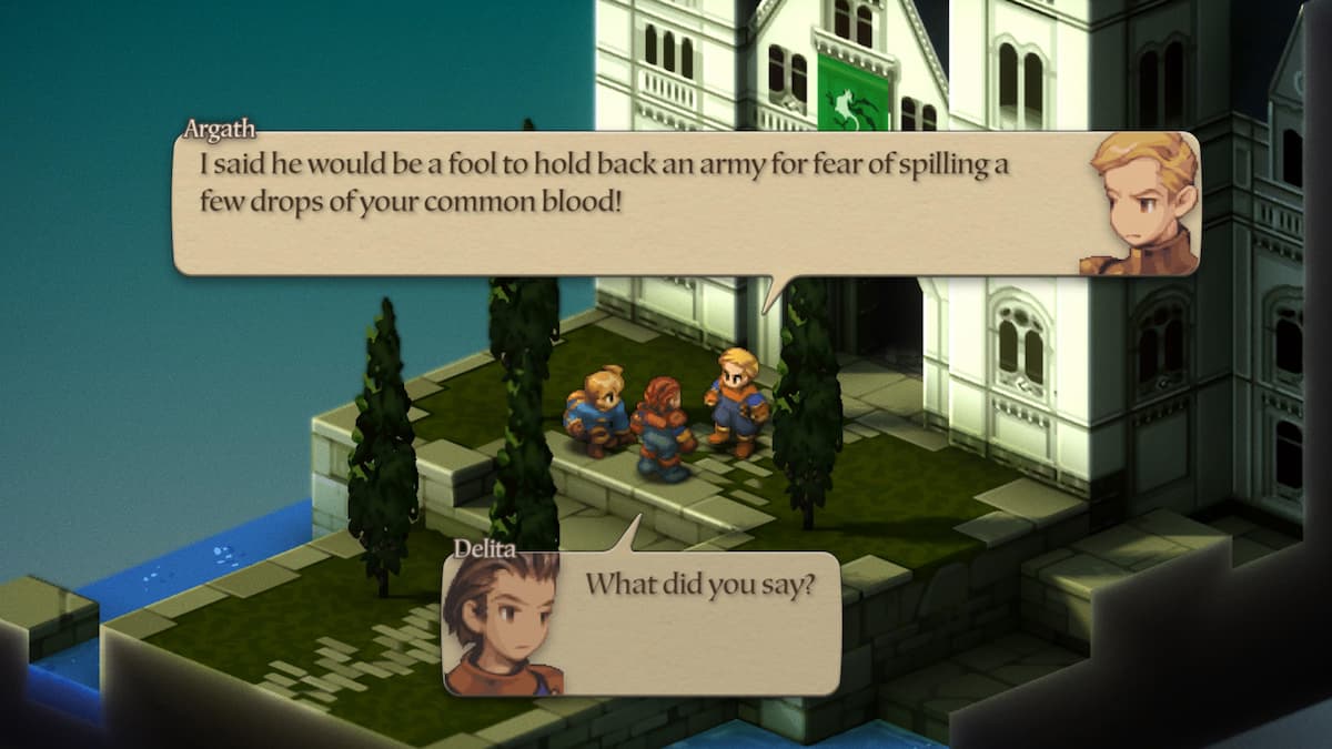 Two men arguing outside a castle for our Final Fantasy Tactics: The Ivalice Chronicles review.
