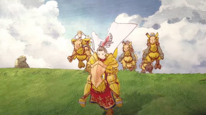 fft opening movie Several men riding on yellow chocobos in The Ivalice Chronicles Opening Movie.