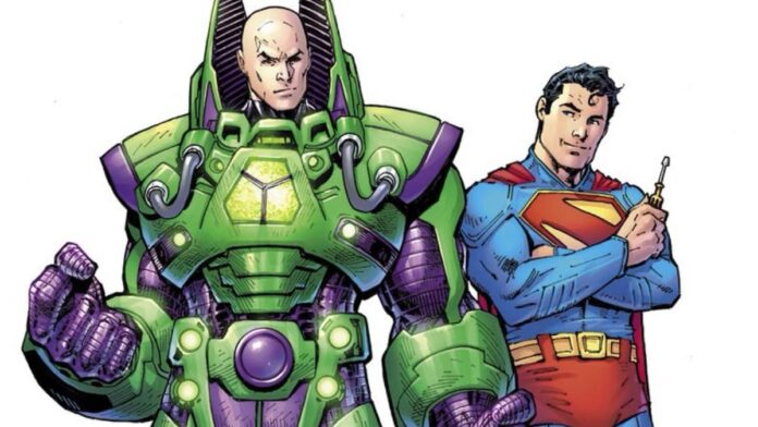 man of tomorrow A man in a green suit next to a man in a blue costume. Art for Superman: Man of Tomorrow.