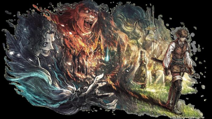 octopath traveler 0 revenge A colorful mural of three figures coming after a man in Octopath Traveler 0.