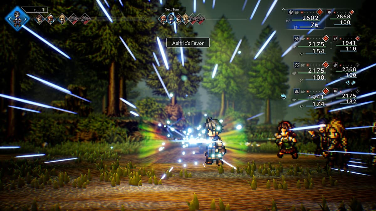 A pixel character with blue sparks shooting out from it in Octopath Traveler 0.