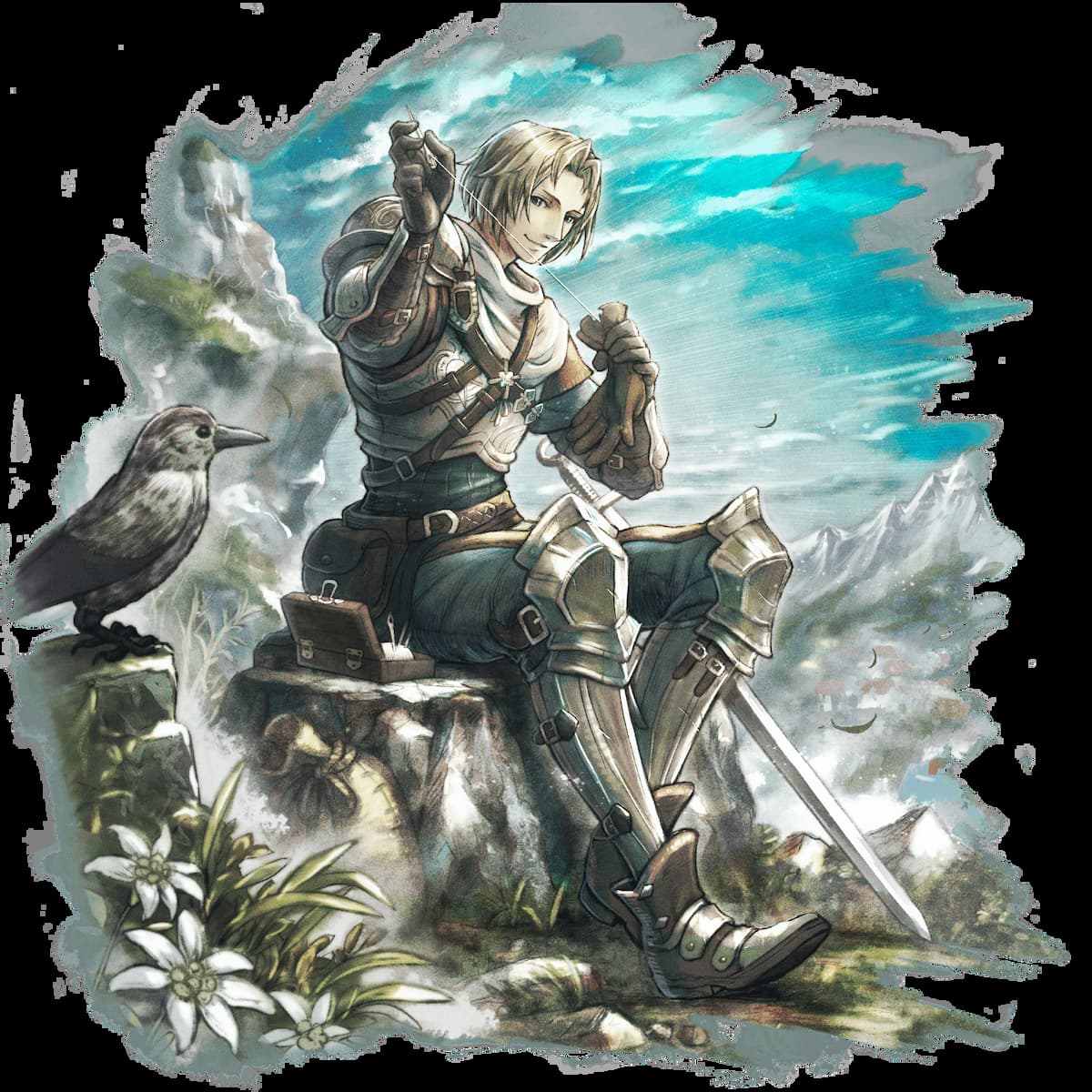 A man sitting with a sword.