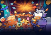RACCOIN: Coin Pusher Roguelike: The Retcon Review A raccoon holding golden coins.