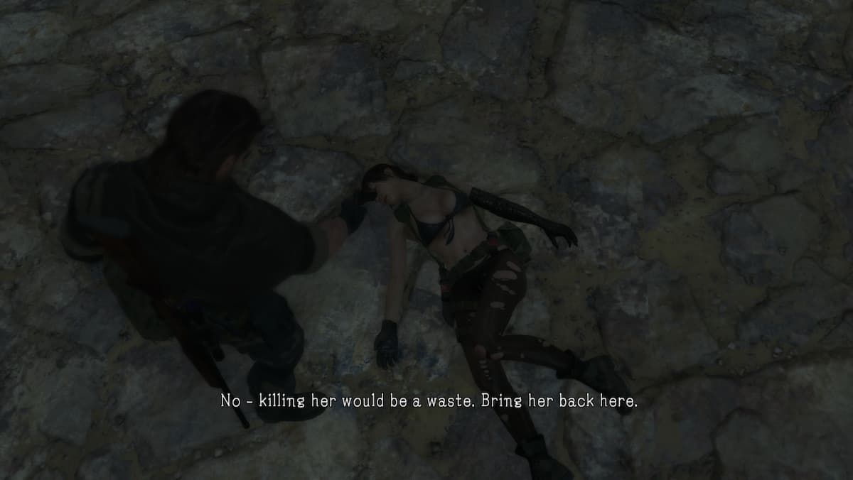 A man pointing a gun at a woman in MGS V.