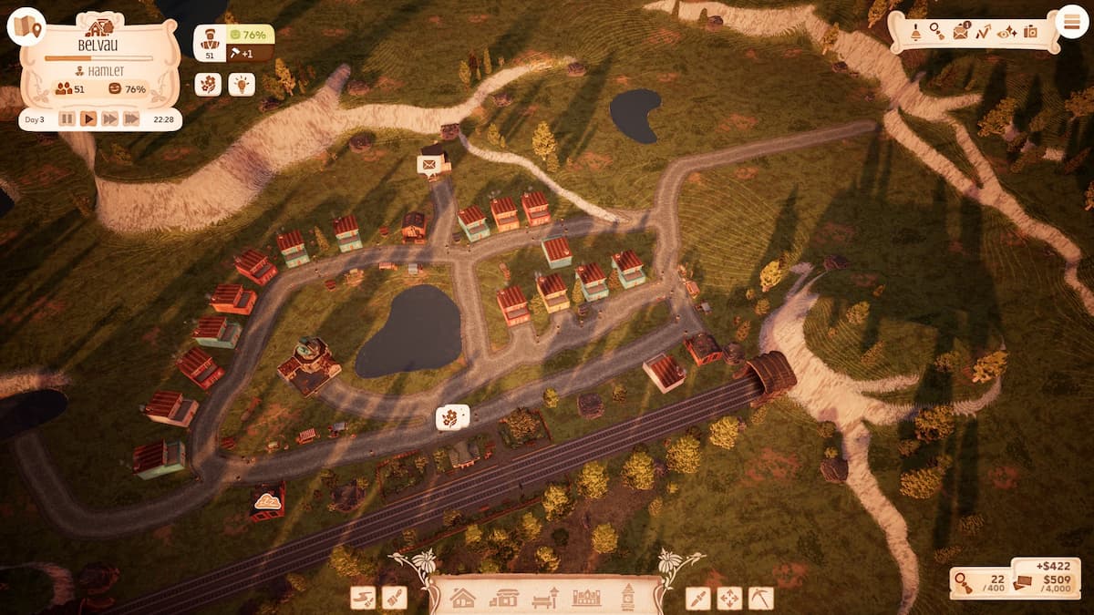 A top-down view of a city with buildings and roads.