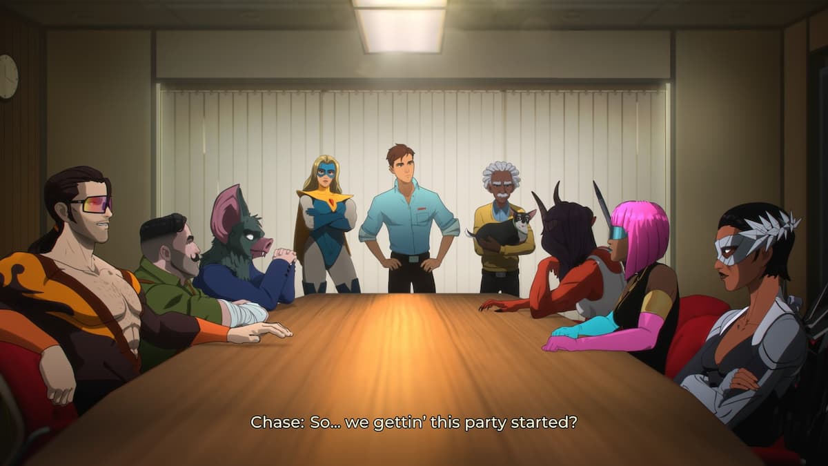 A group of characters seated around a table in Dispatch.