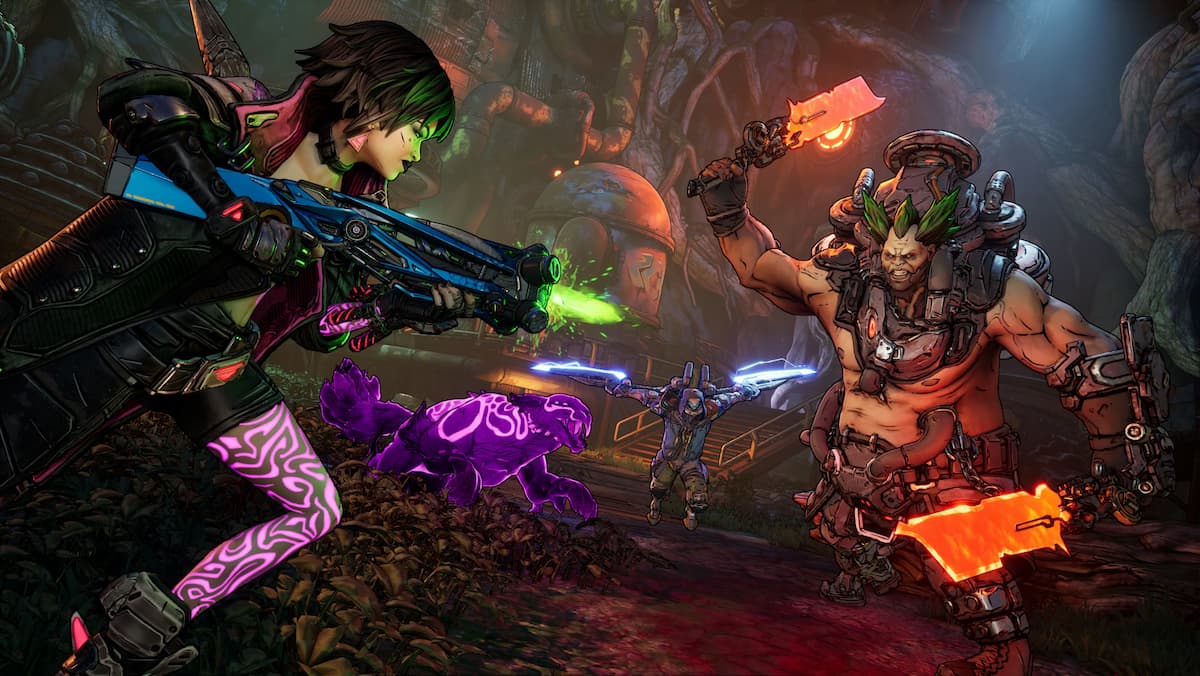A lady with black hair firing a gun at a big man.