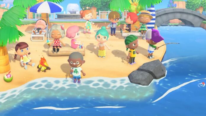 IMG_1235 A group of people on a beach in Animal Crossing: New Horizons.