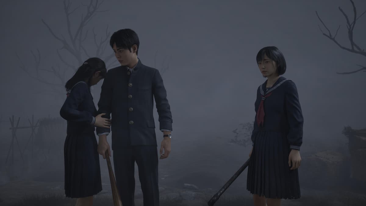 A girl holding on to a boy's arm in Silent Hill f.