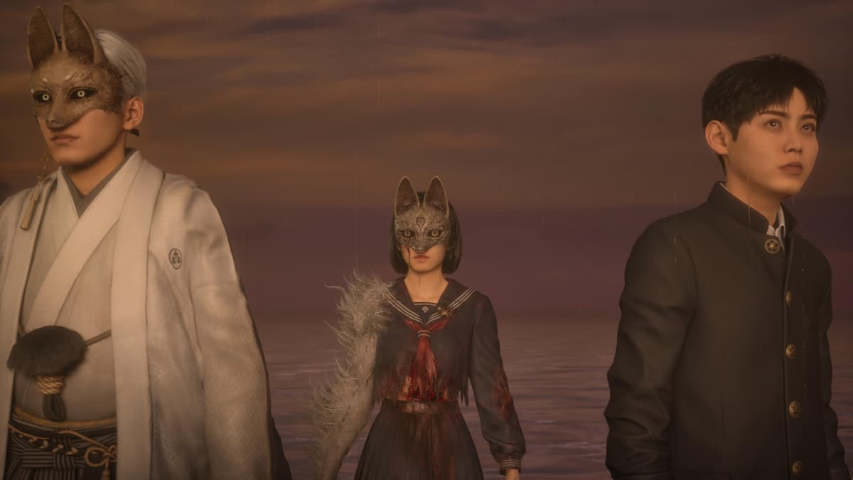 A girl with a fox mask standing between two men in Silent Hill f.