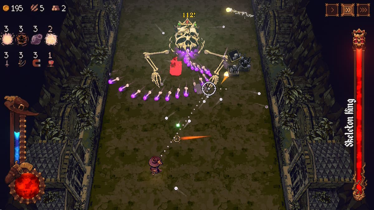 A skeleton firing out purple bones.