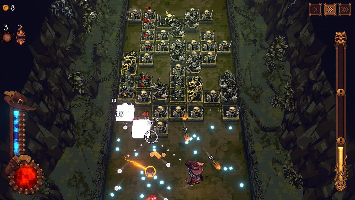 A character shooting at boxes of skeletons for our BALL x PIT review.