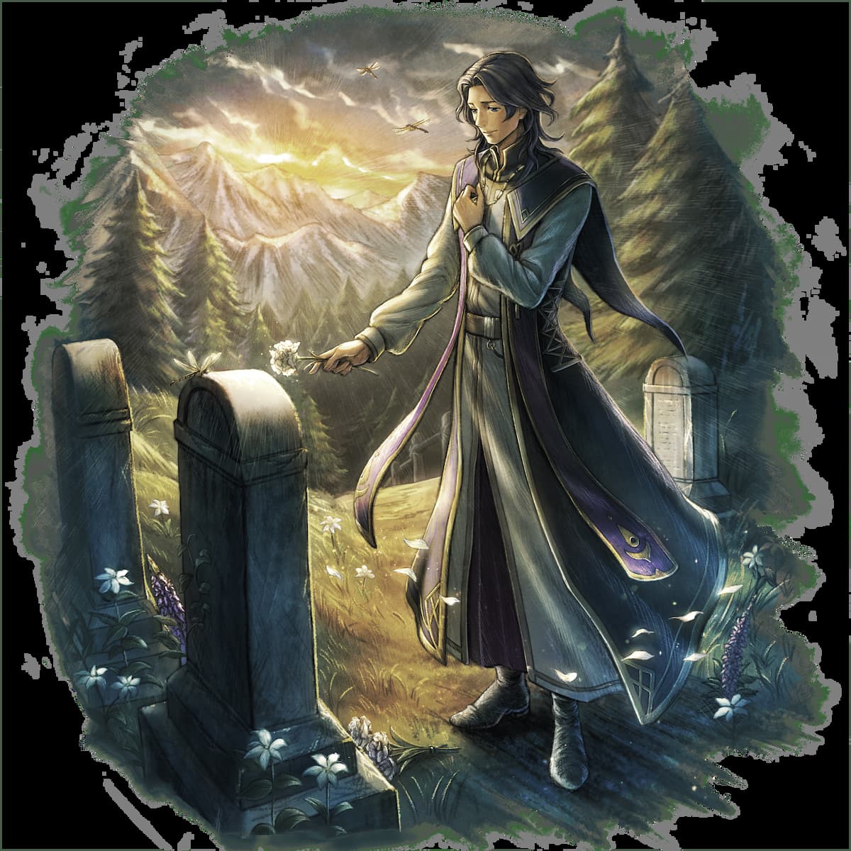 A man standing at a gravestone in Octopath Traveler 0.