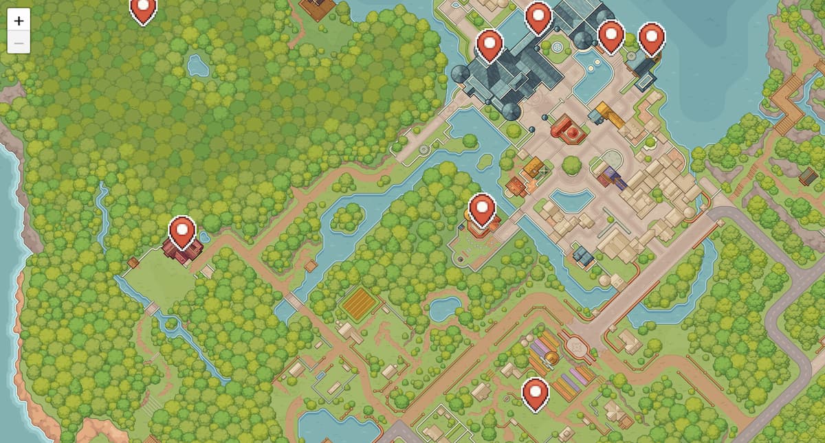 A map with red markers in Witchbrook.
