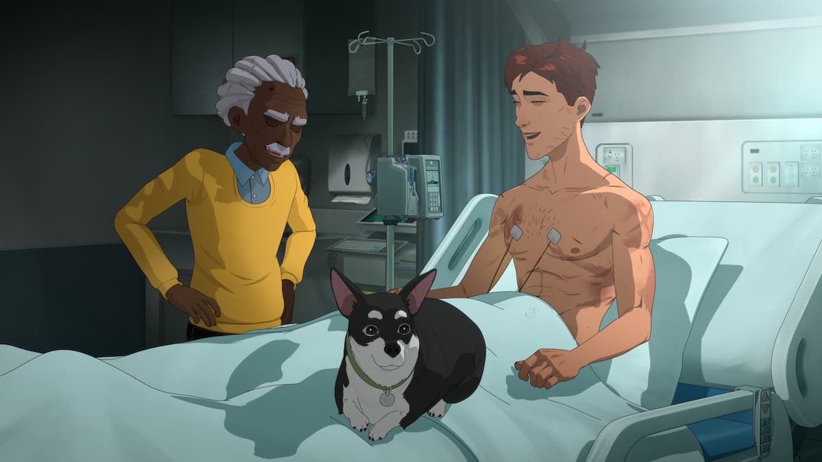 A man in a hospital bed talking to another man in Dispatch.