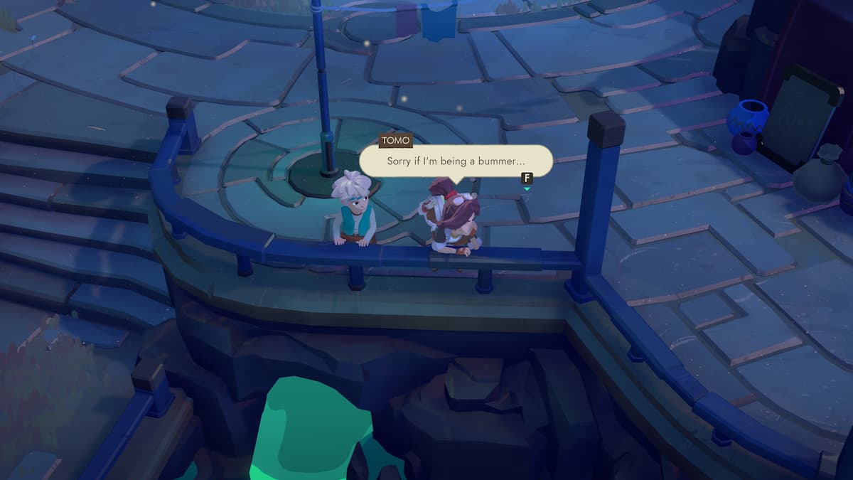 A boy and girl leaning on a balcony at night in Moonlighter 2.