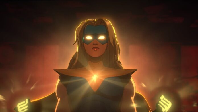 blonde blazer glow A woman with glowing eyes.