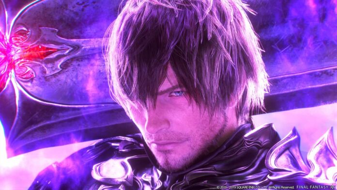 ffxiv shadowbringers A close-up of a man holding a sword against a purple backdrop in FFXIV.