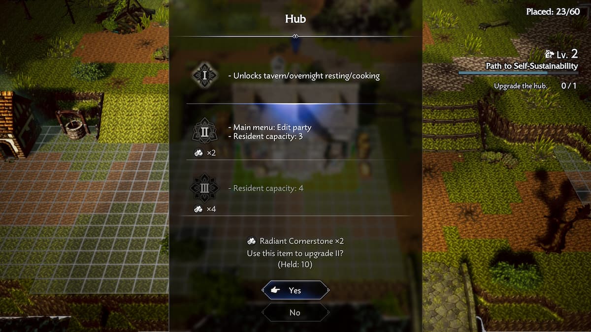 A menu with building options in Octopath Traveler 0.