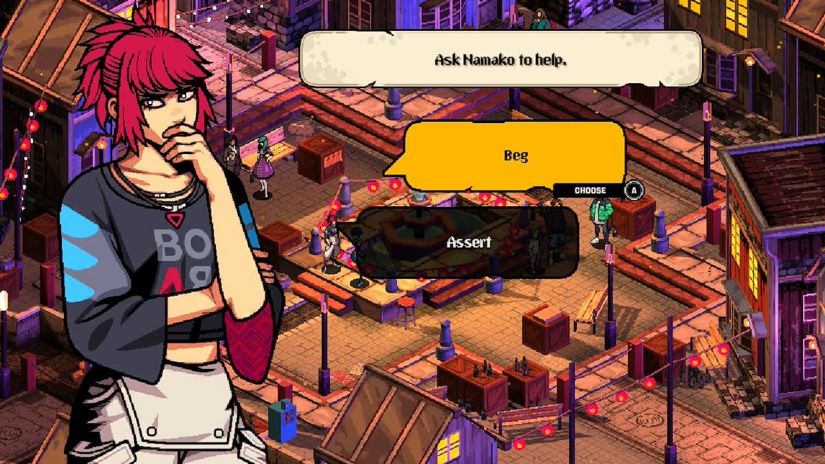 A girl with reddish hair and two options: Beg or Assert.