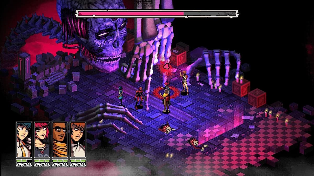 A large skeleton facing off against four people in Demonschool.