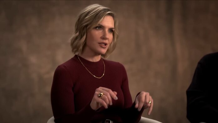 rhea seehorn A woman talking with hand gestures. Rhea Seehorn talking about Pluribus.
