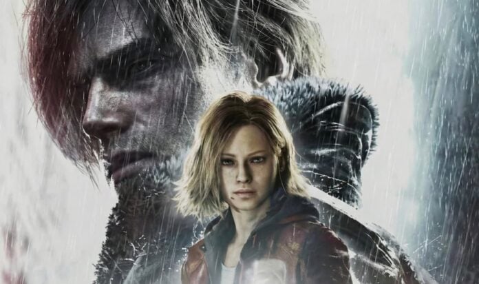 leon in resident evil requiem A man standing behind a woman in the cover art for Resident Evil Requiem.