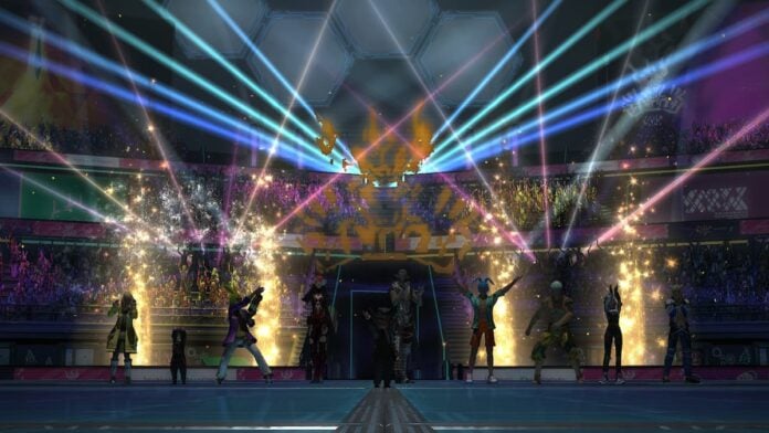 ffxiv arcadion raid celebration A large crowd, lights, and several people on stage.