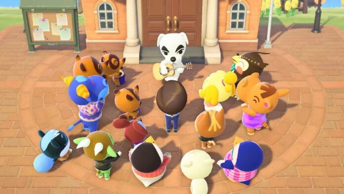 acnh kk slider A group of animals gathered around a dog with a guitar in Animal Crossing: New Horizons.