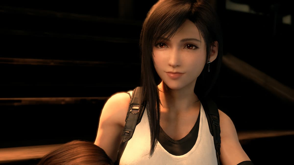 A girl with black hair wearing a white tank top in Final Fantasy VII Remake.