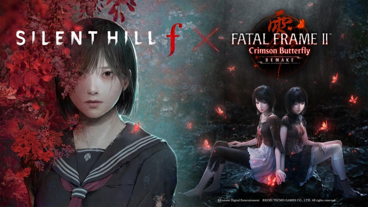 A close-up of a girl on the left from Silent Hill f, and two girls sitting together on the right in Fatal Frame II: Crimson Butterfly Remake.
