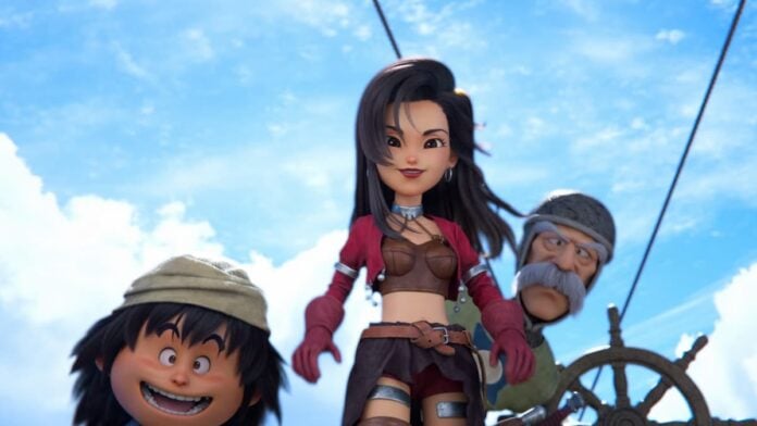 dragon quest vii reimagined aishe A black-haired lady next to an old man and a boy.