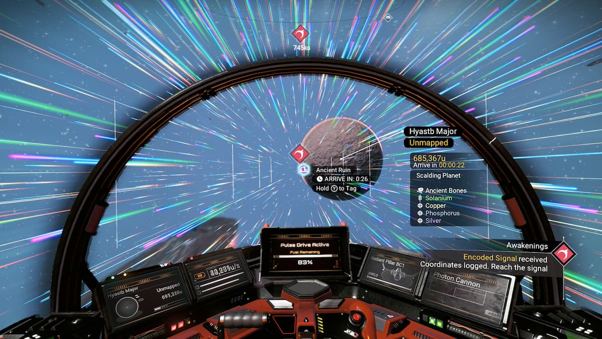 A spaceship cockpit in space in No Man's Sky.